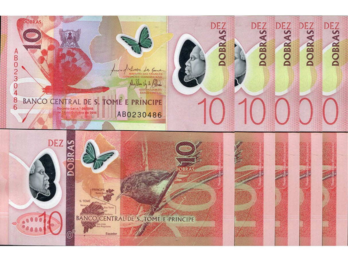 St. Thomas & Prince 10 Dobras 2016 P 71 Sao Tome Polymer UNC LOT 5 PCS