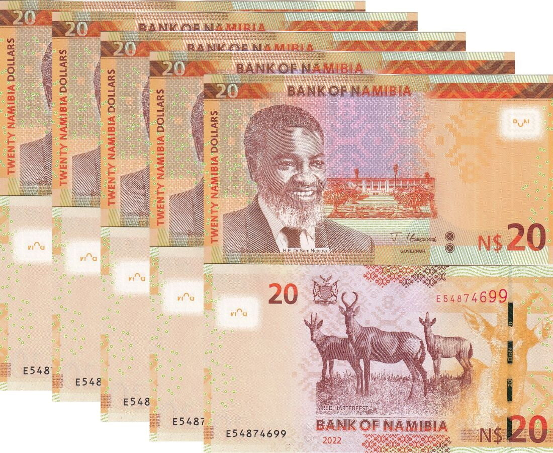Namibia 20 Dollars 2022 P 17 UNC LOT 5 PCS ,Red Hartebeest ,Windhoek