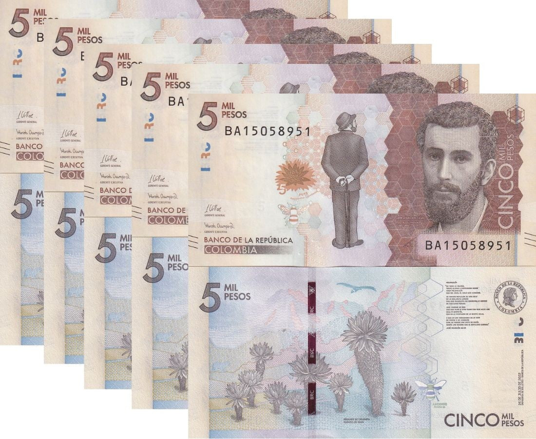 Colombia 5000 Pesos 2022 2025 New Sign P 459 g UNC LOT 5 PCS