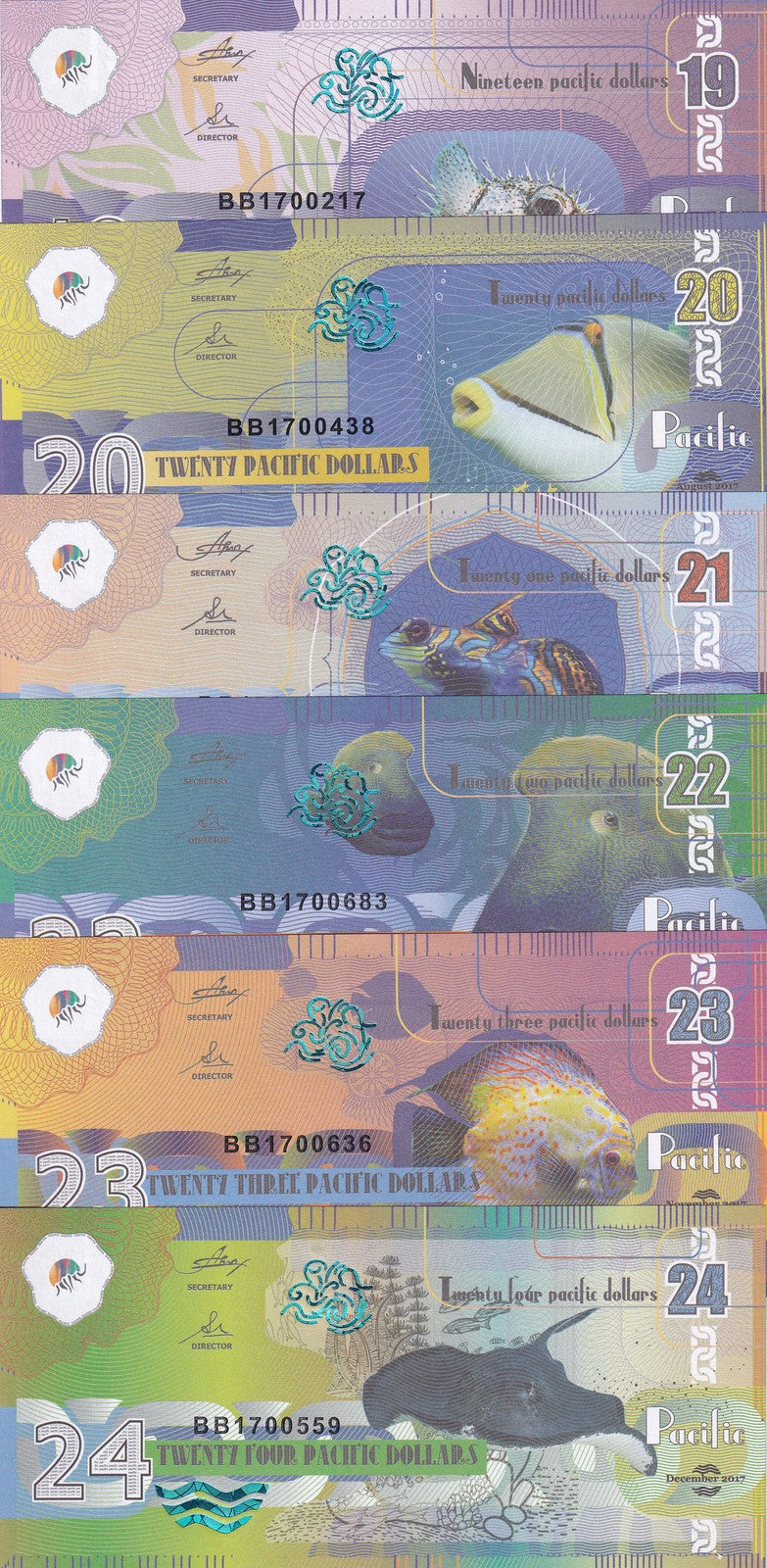 Pacific Ocean set 6, 19 20 21 22 23 24 Dollars 2017 Fantasy , Diodontidae