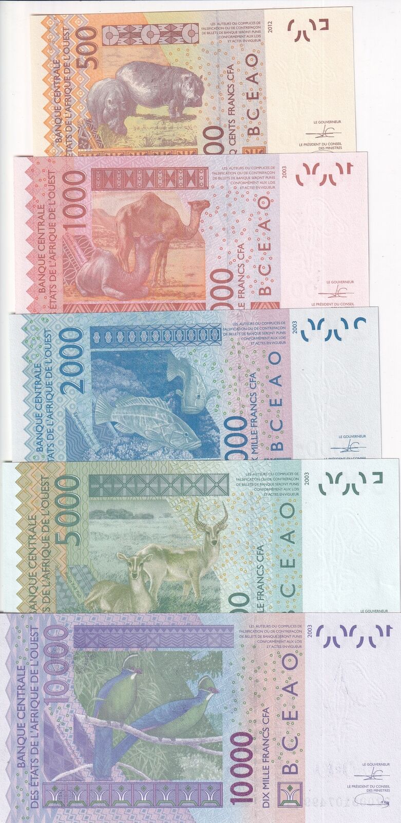 West African States BENIN SET 5 UNC 500 1000 2000 -10000 Francs 2022 P 215-219 B
