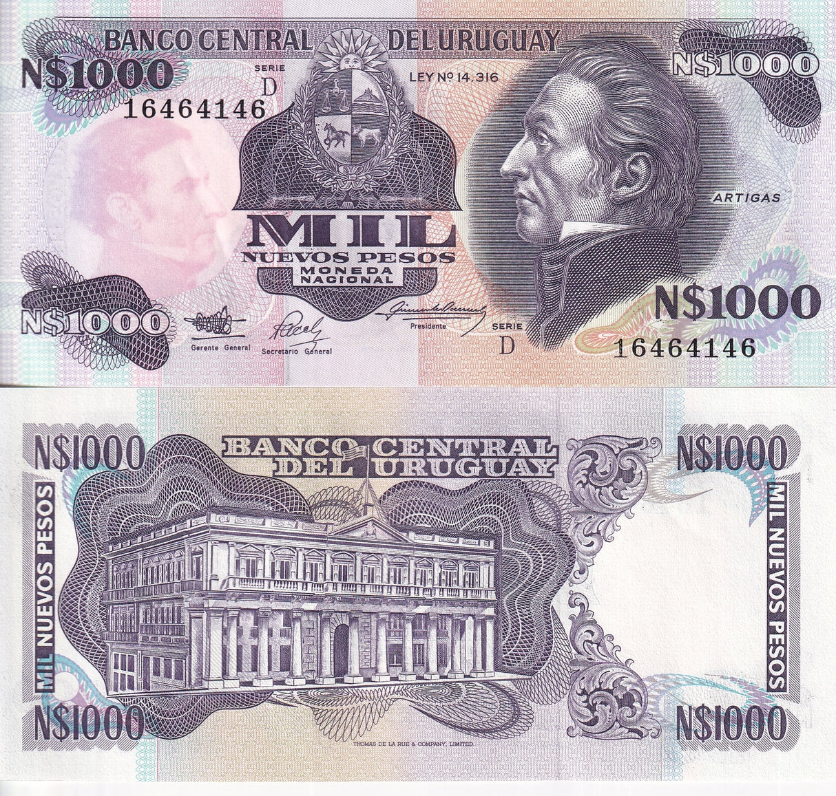 Uruguay 1000 Nuevos Pesos ND 1992 P 64A AUnc ,Edificio Independencia