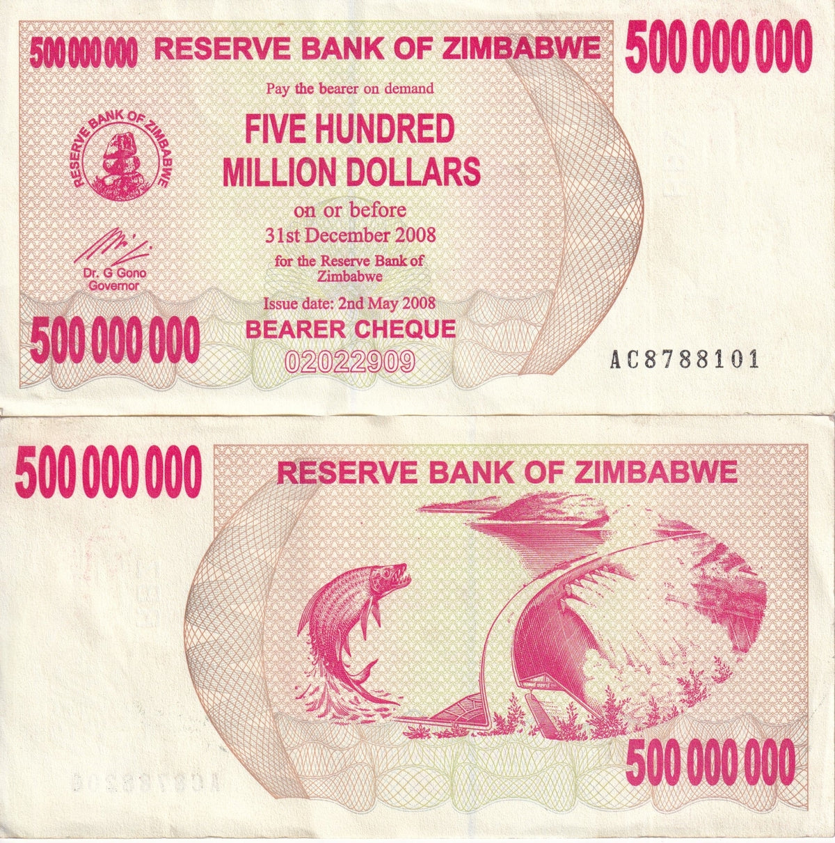Zimbabwe 500 Million Dollars 2008 P 60 XF+