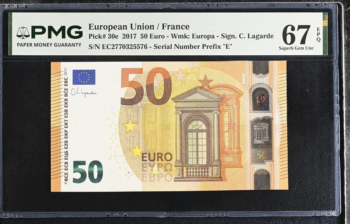 Euro 50 Euro 2017 France P 30 e EC Superb Gem UNC PMG 67 EPQ