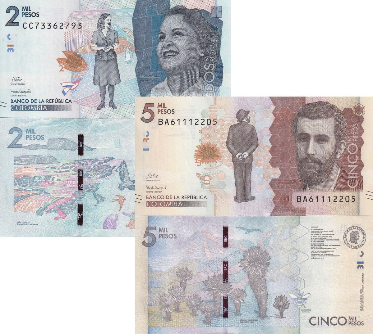 Colombia Set 2 Pcs 2000 5000 PESOS Random Date P 458 459 UNC