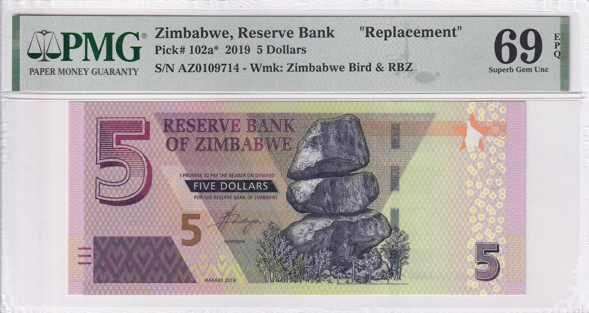 Zimbabwe 5 Dollars 2019 P 102 a* Replacement Superb Gem PMG 69 EPQ