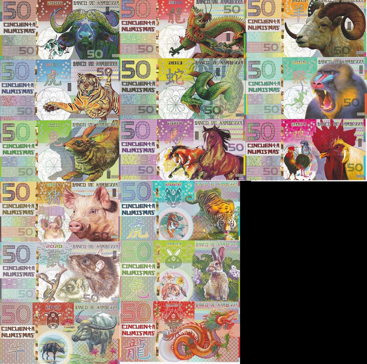 Kamberra Set 15 Polymer 50 Numismas 2009-2024 Chinese Zodiac Lunar Calendar