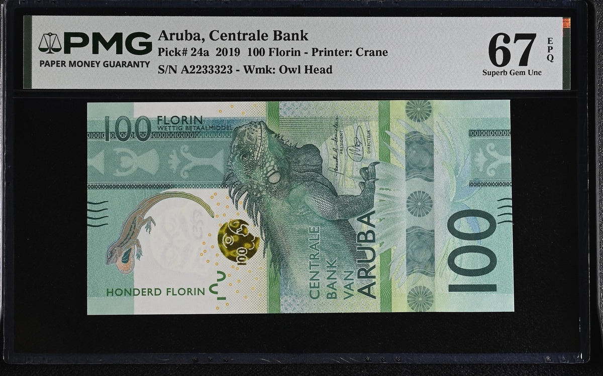 Aruba 100 Florins 2019 P 24 a #2233323 Iguana verde Superb Gem UNC PMG 67 EPQ