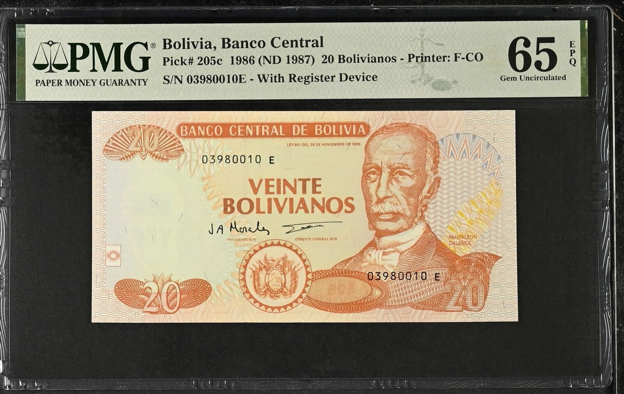 Bolivia 20 Bolivianos 1986 ND 1987 P 205 c Gem UNC PMG 65 EPQ