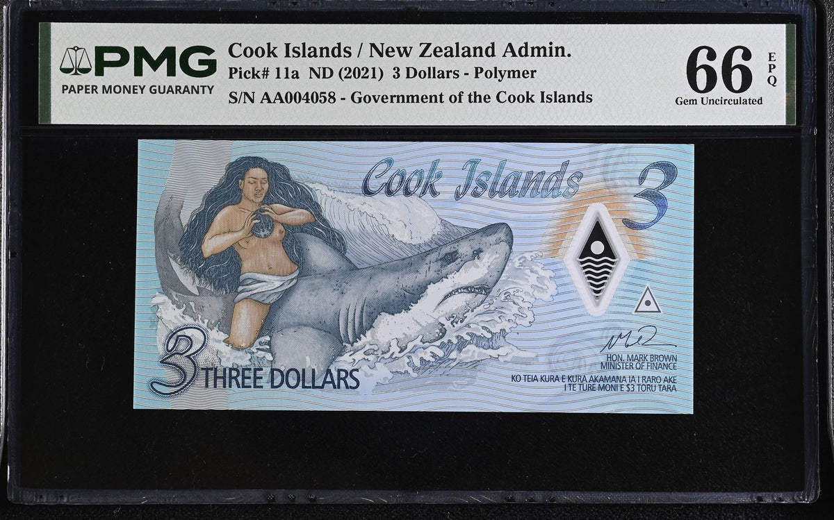Cook Islands 3 Dollars ND 2021 P 11 a Polymer Gem UNC PMG 66 EPQ