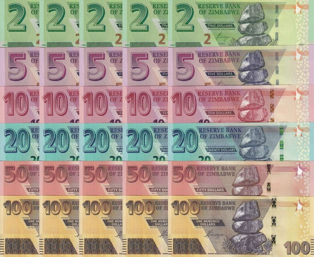 Zimbabwe Set 6 x LOT 5 = 30 UNC 2 5 10 20 50 100 2019 2023 P 101 102 - 105 106