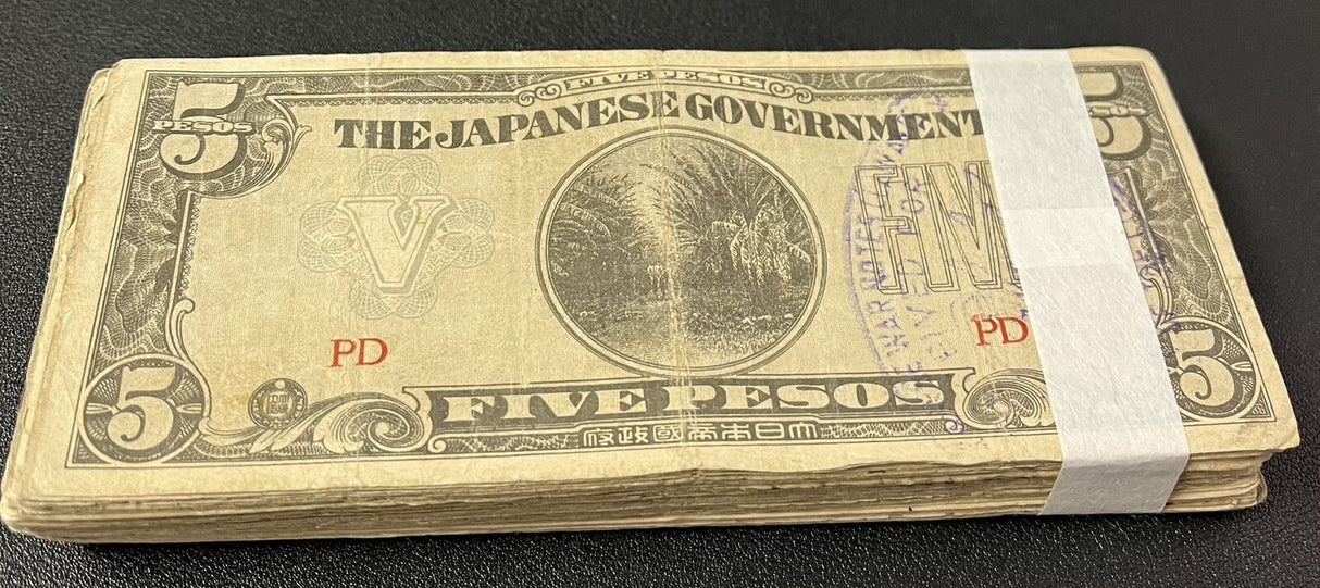 Philippines 5 PESOS 1942 WWII Japanese Occupation P 107 HEAVY USED LOT 100 PCS