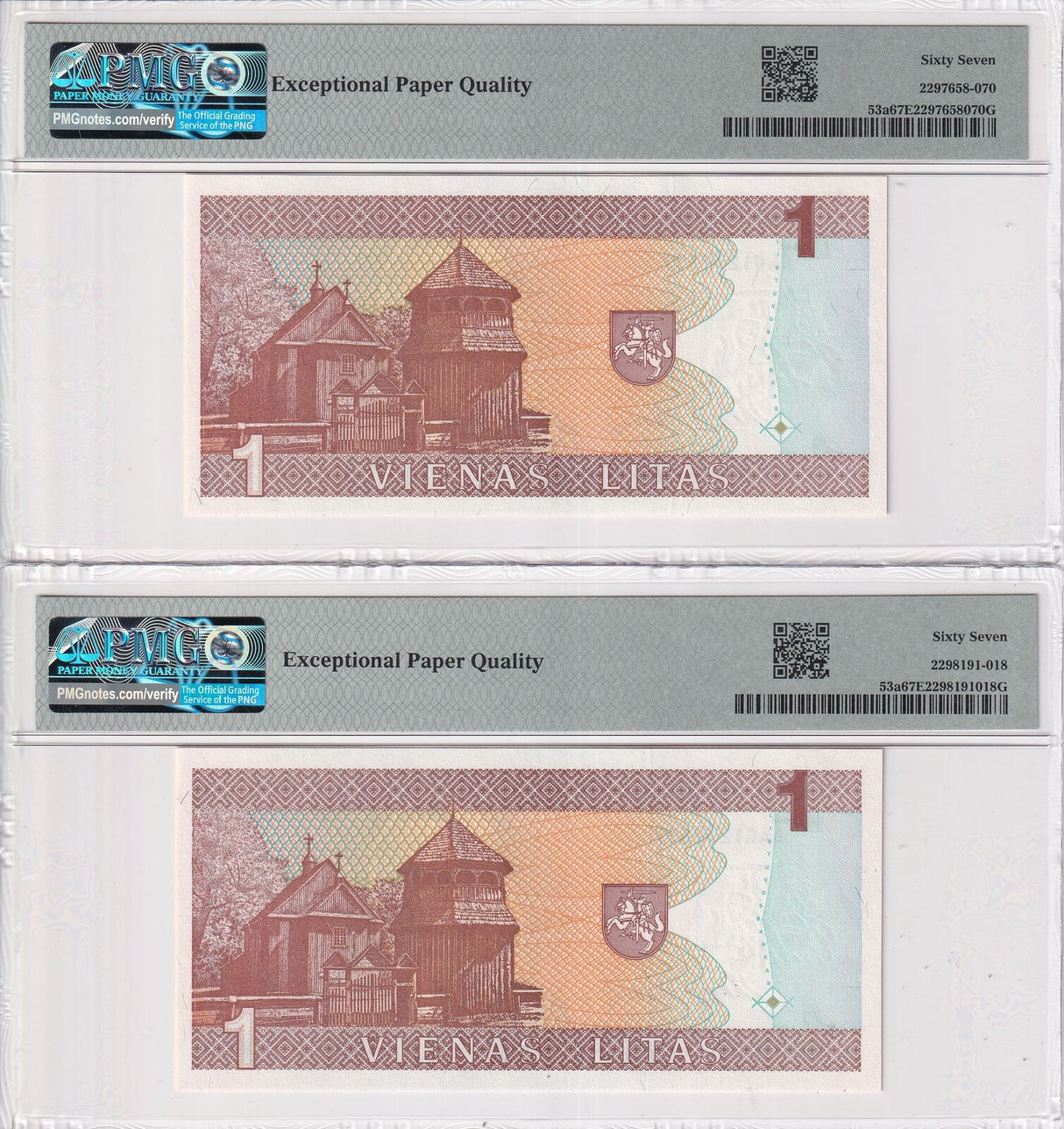 Lithuania SET 2 ,1 Litas 1994 P 53 a Near same number Superb Gem UNC PMG 67 EPQ