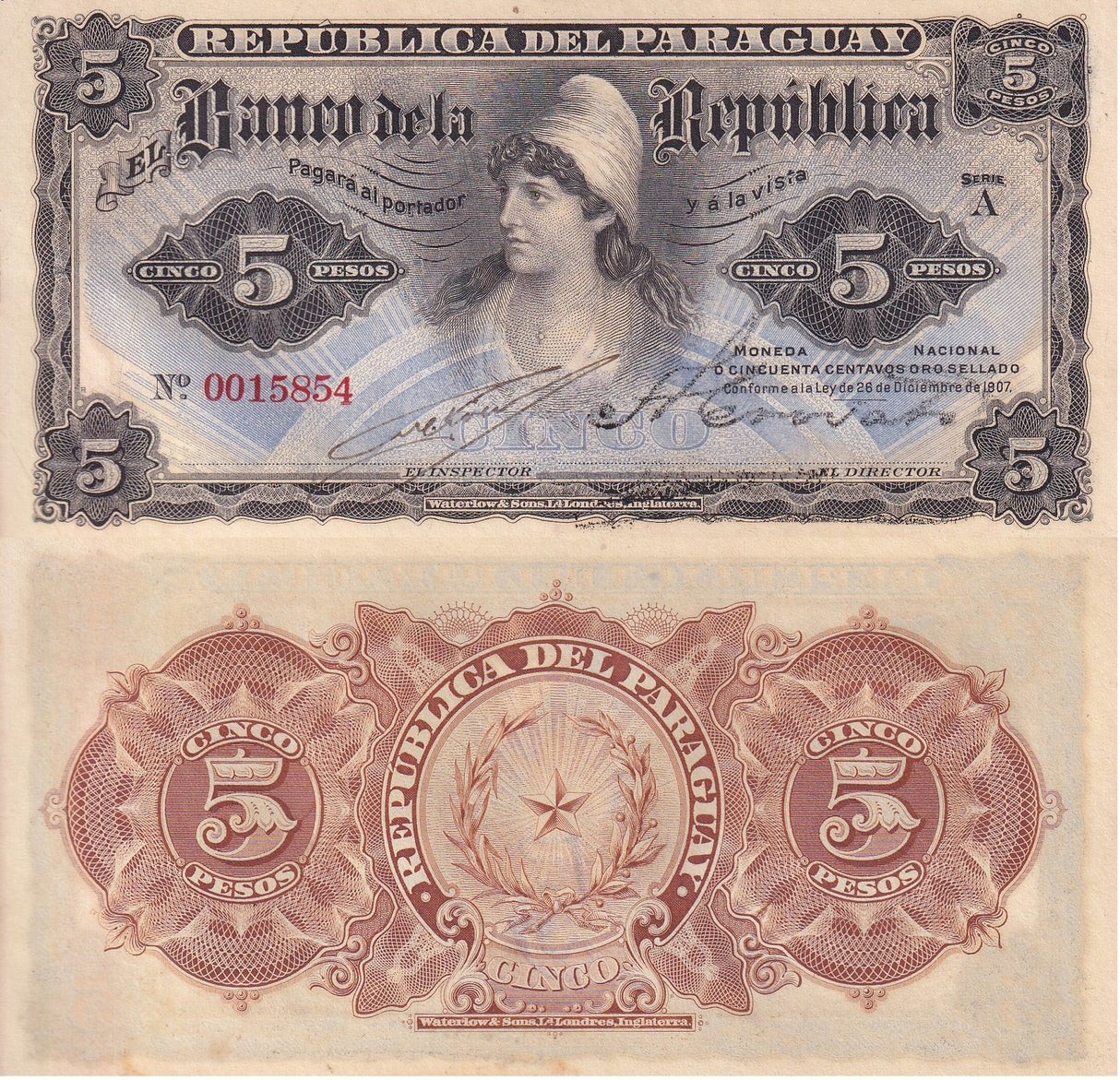 Paraguay 5 Pesos L. 26-12-1907 P 156 UNC