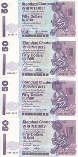 Hong Kong Set 4 UNC 50 Dollars 1994 1997 2000 2001 P 286 SCB Pi Yao
