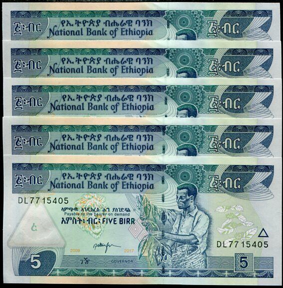 Ethiopia 5 Birr 2009/2017 P 47 h UNC LOT 5 PCS