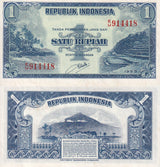 Indonesia 1 Rupiah 1953 P 40 UNC Little Age Tone ,Beach, terraced field ,Volcano