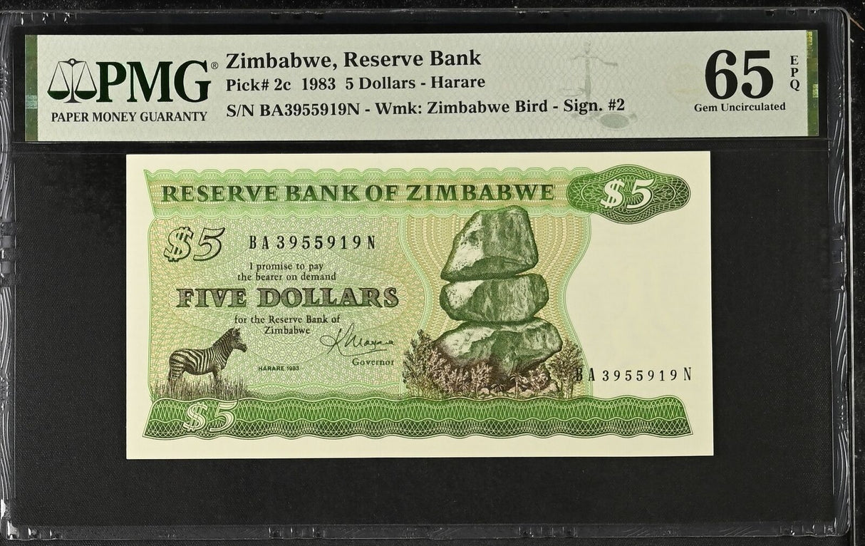 Zimbabwe 5 Dollars 1983 P 2 c Sign # 2 Gem UNC PMG 65 EPQ