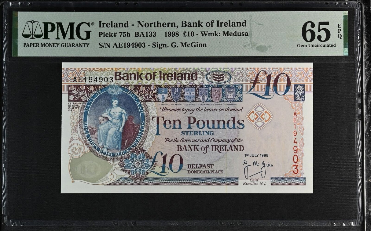 Northern Ireland 10 Pounds 1998 P 75 b Gem UNC PMG 65 EPQ