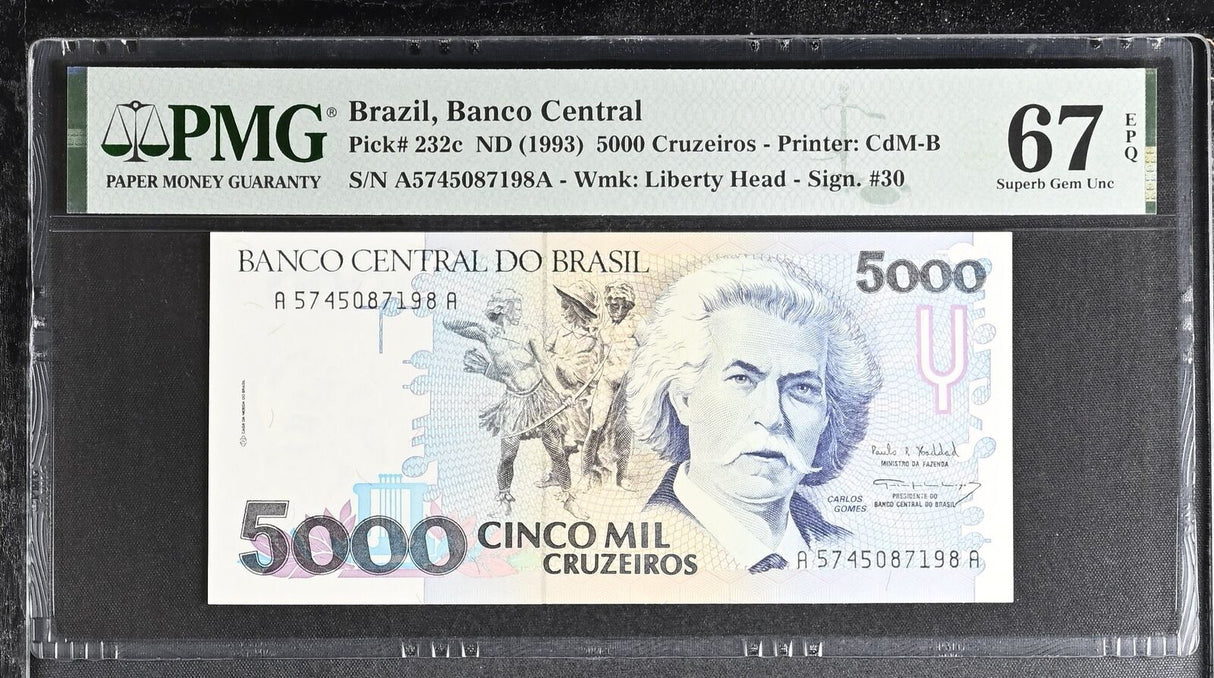 Brazil 5000 Cruzeiros ND 1993 P 232 c Superb Gem UNC PMG 67 EPQ TOP POP