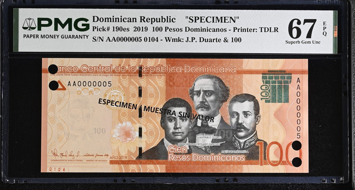 Dominican Republic 100 Pesos 2019 P 190 es SPECIMEN Superb Gem UNC PMG 67 EPQ