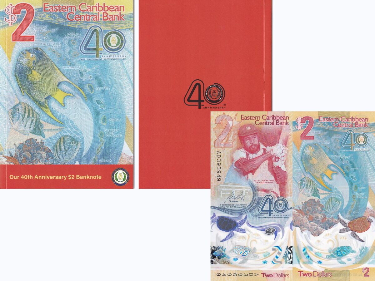 East Caribbean 2 Dollars 2023 2024 40th P 61 Polymer Comm. UNC With Folder