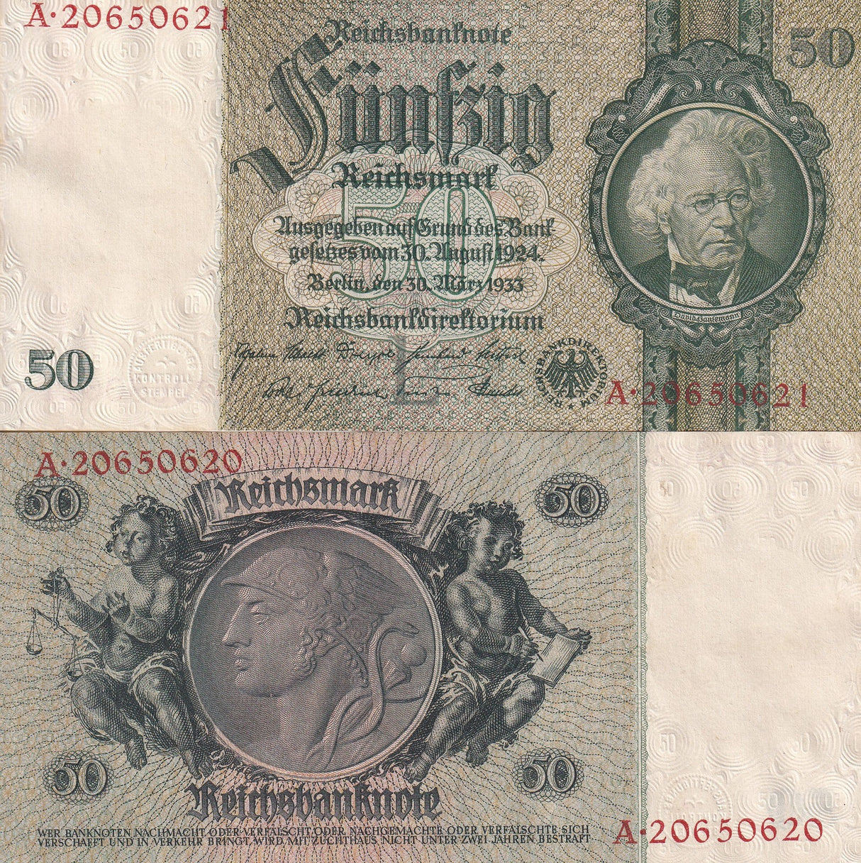 Germany 50 Reichsmark 1933 P 182 a AUnc