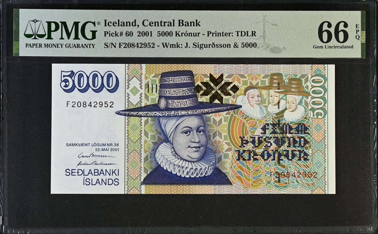 Iceland 5000 Kronur 2001 P 60 Gem UNC PMG 66 EPQ