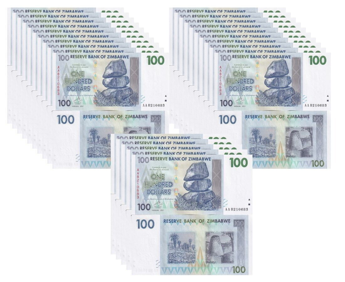 Zimbabwe 100 Dollars 2007 P 69 UNC LOT 25 PCS 1/4 BUNDLE