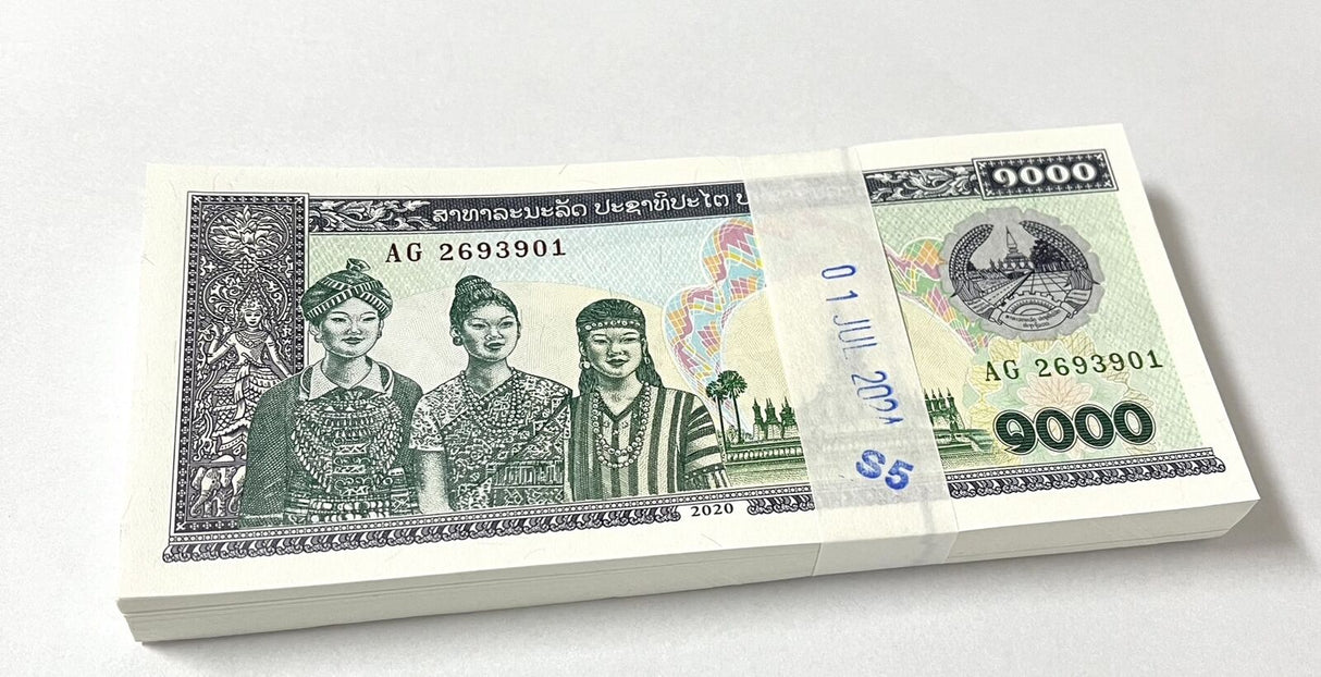 Laos 1000 Kip 2020 P 32A UNC LOT 100 PCS 1 Bundle