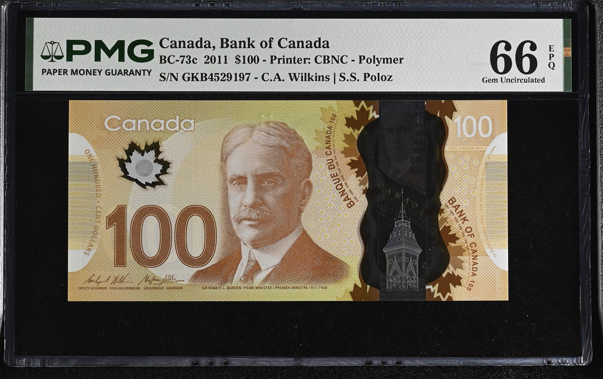Canada 100 Dollars 2011 P 110 Sign Wilkins & Poloz Polymer Gem UNC PMG 66 EPQ