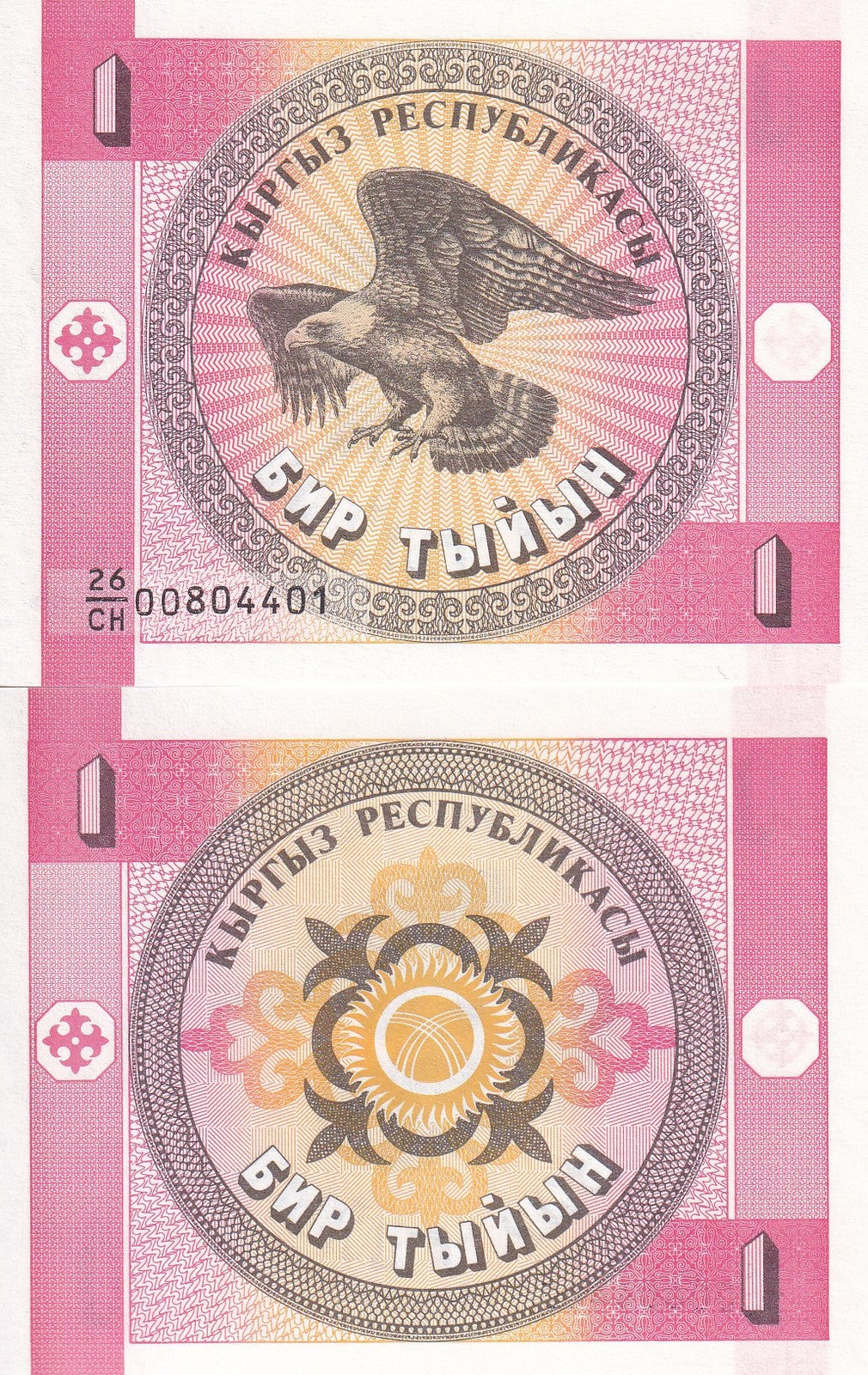 Kyrgyzstan 1 Tyiyn 1993 P 1 UNC, Eagle,  Arms , small issued note , pink