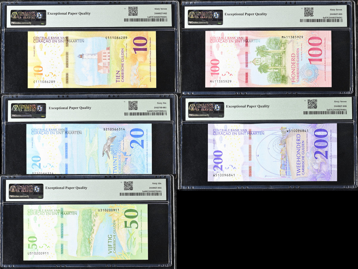 Curacao Set 5; 10 20 50 100 200 Gulden 2025 P 1 2-5 Superb Gem UNC PMG 66 67 EPQ