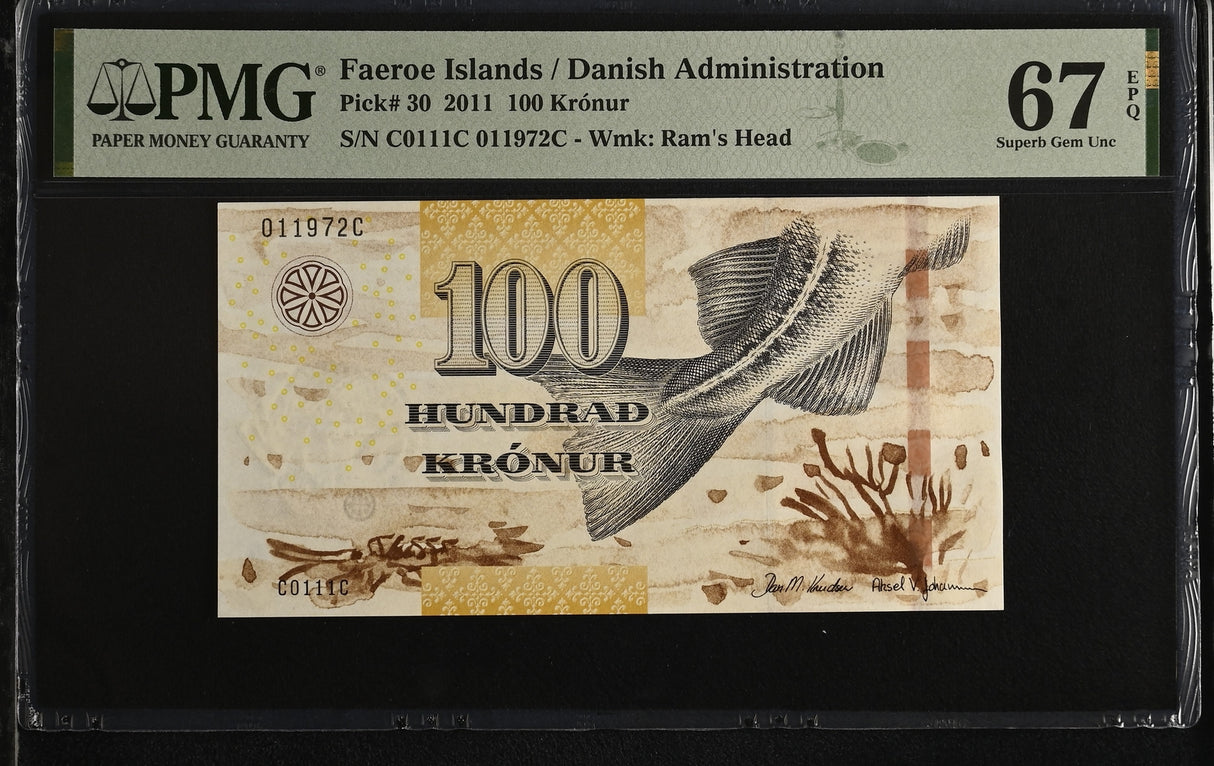 Faeroe Islands 100 Kronur 2011 P 30 Superb Gem UNC PMG 67 EPQ