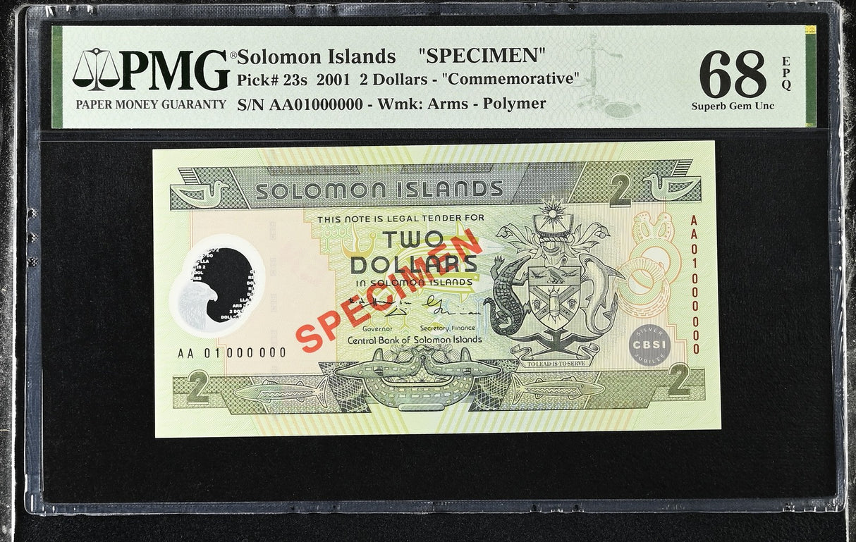 Solomon Islands 2 Dollars 2001 P 23 s Comm. SPECIMEN Superb Gem UNC PMG 68 EPQ T