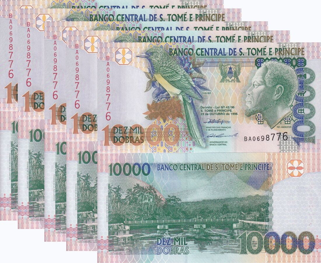 Saint Thomas & Prince 10000 Dobras 1996 P 66 UNC LOT 5 PCS
