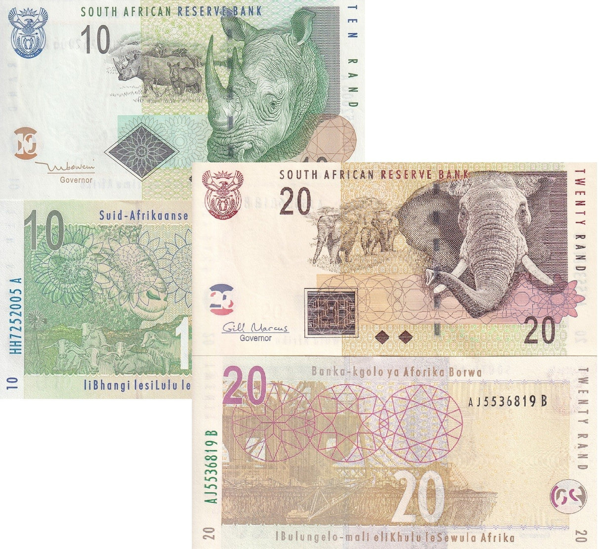 South Africa Set 2 UNC 10 20 Rands 2005 2009 P 128 P 129