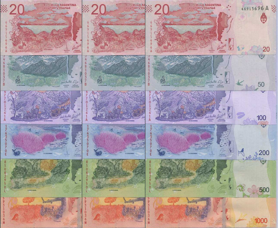 Argentina Set 6 x LOT 3 = 18 UNC 20 50 100 200 500 1000 Pesos P 361-366
