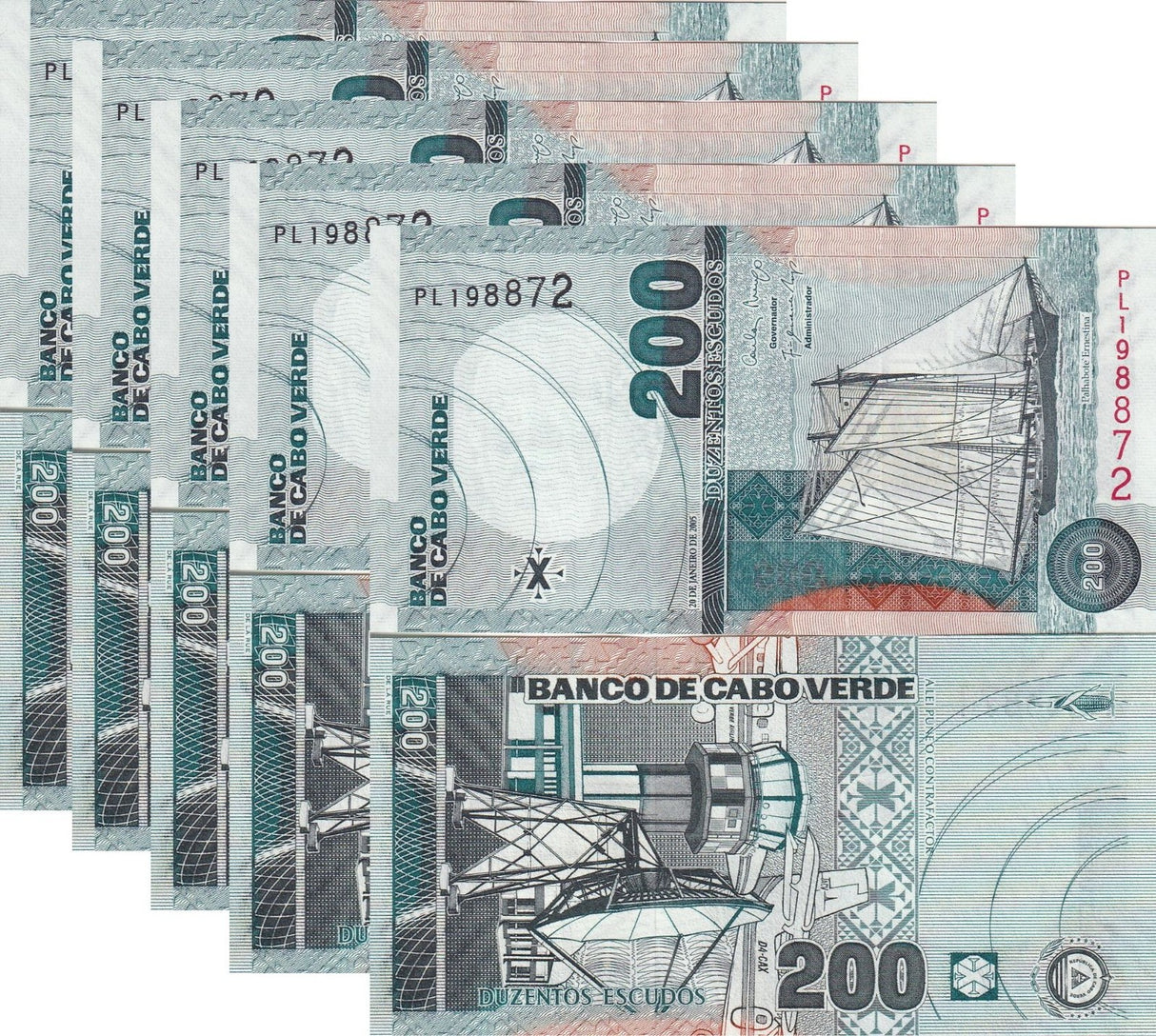 Cape Verde 200 Escudos 2005 P 68 UNC Lot 5 Pcs