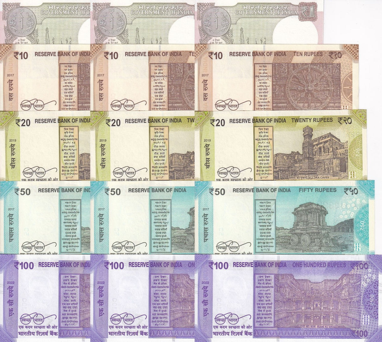 India Set 5 x Lot 3 = 15 Pcs 1 10 20 50 100 Rupees Random Year P 109 - 113 117A