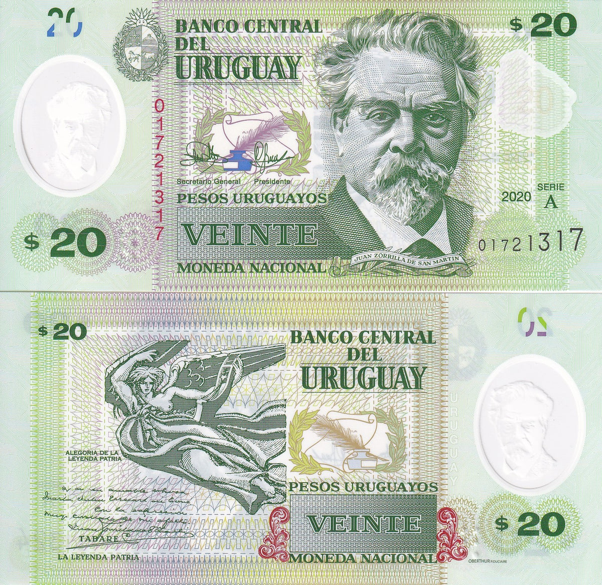 Uruguay 20 Pesos 2020 P 101 Polymer UNC , Juan Zorilla de San Martin