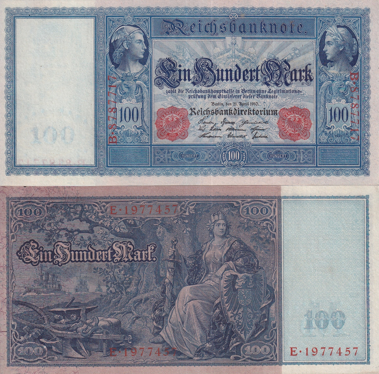 Germany 100 Mark Imperial Bank Note 1910 P 42 Aunc