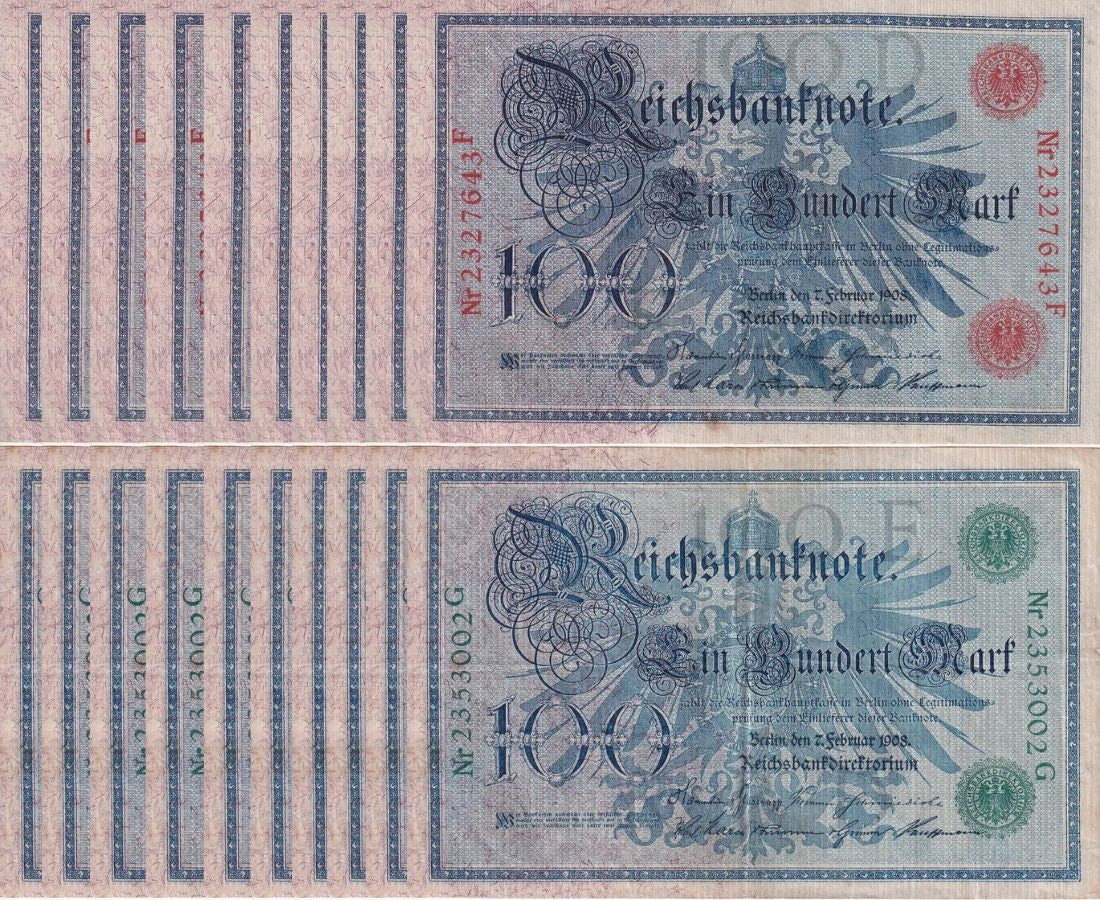 Germany SET 2 x LOT 5= 10 PCS 100 Mark 1908 Green+Red Seal P 33 34 FineCirculate