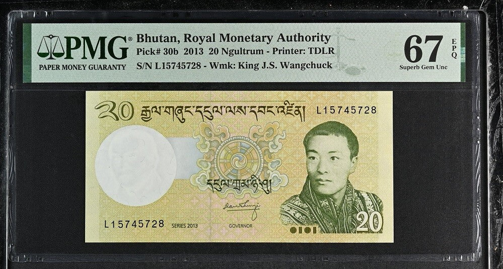 Bhutan 20 Ngultrum 2013 P 30 b Superb Gem UNC PMG 67 EPQ , TDLR