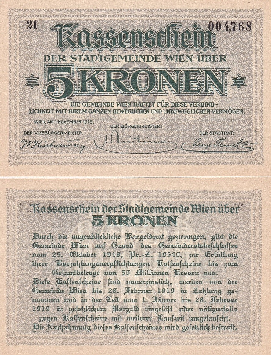 Austria 5 Kronen 1918 Municipality of Vienna UNC