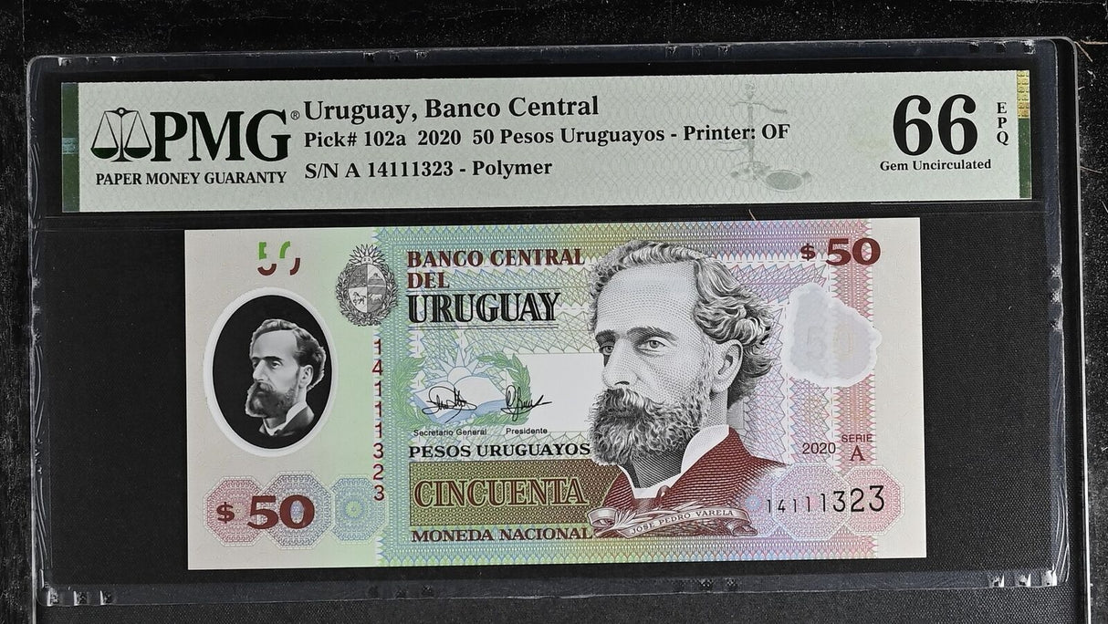 Uruguay 50 Pesos 2020 P 102 a Polymer Gem UNC PMG 66 EPQ