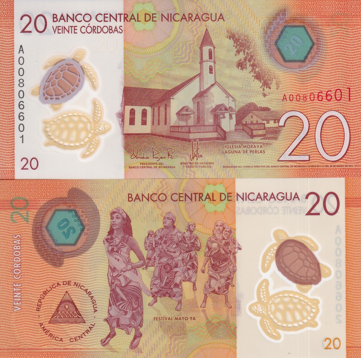 Nicaragua 20 Cordobas 2014 P 210 Polymer UNC, Moravian church, Laguna de Perlas