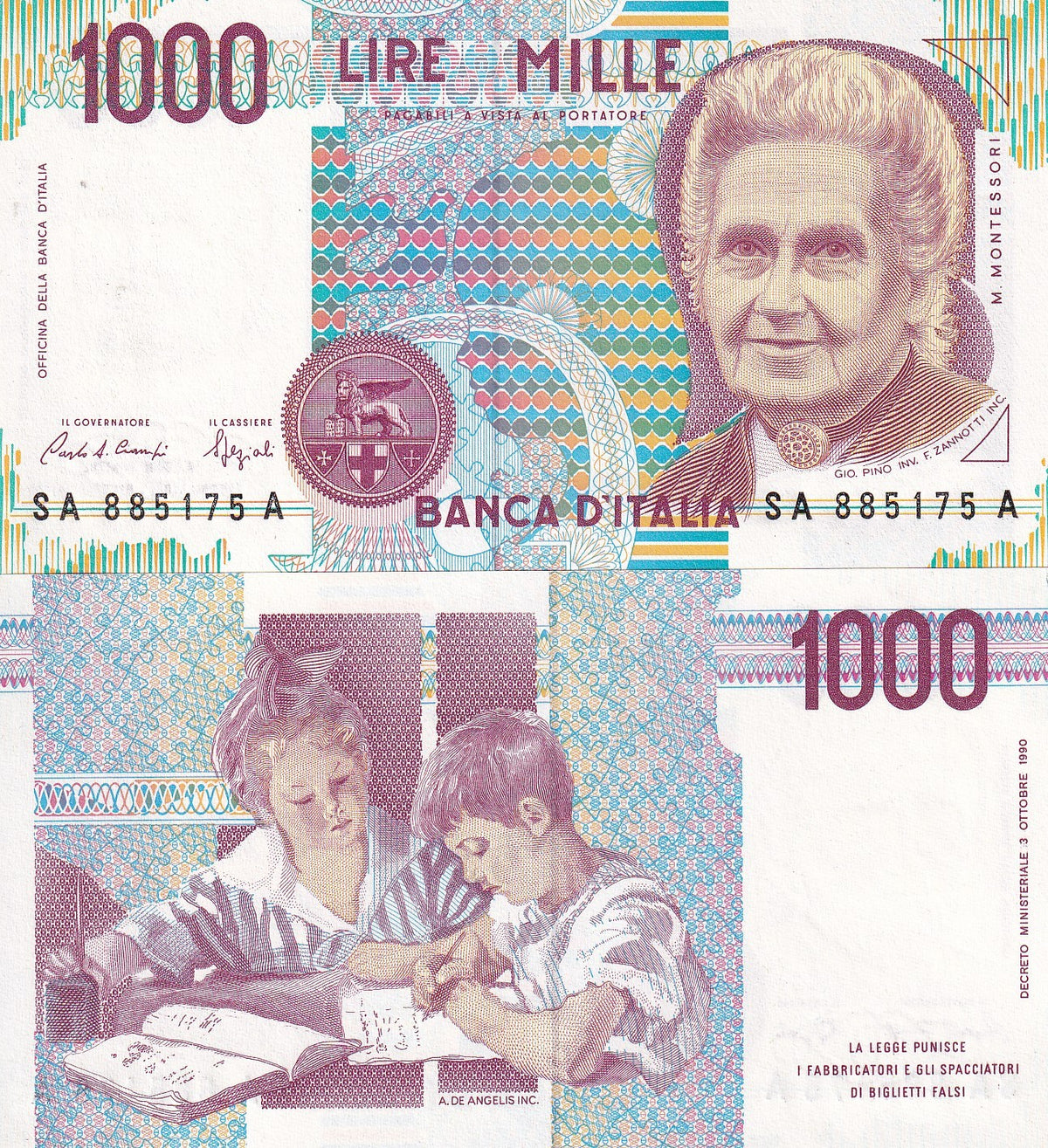 Italy 1000 Lire 1982 P 114 a Sign CIAMPIAND STEVANI UNC , Study , Montessori