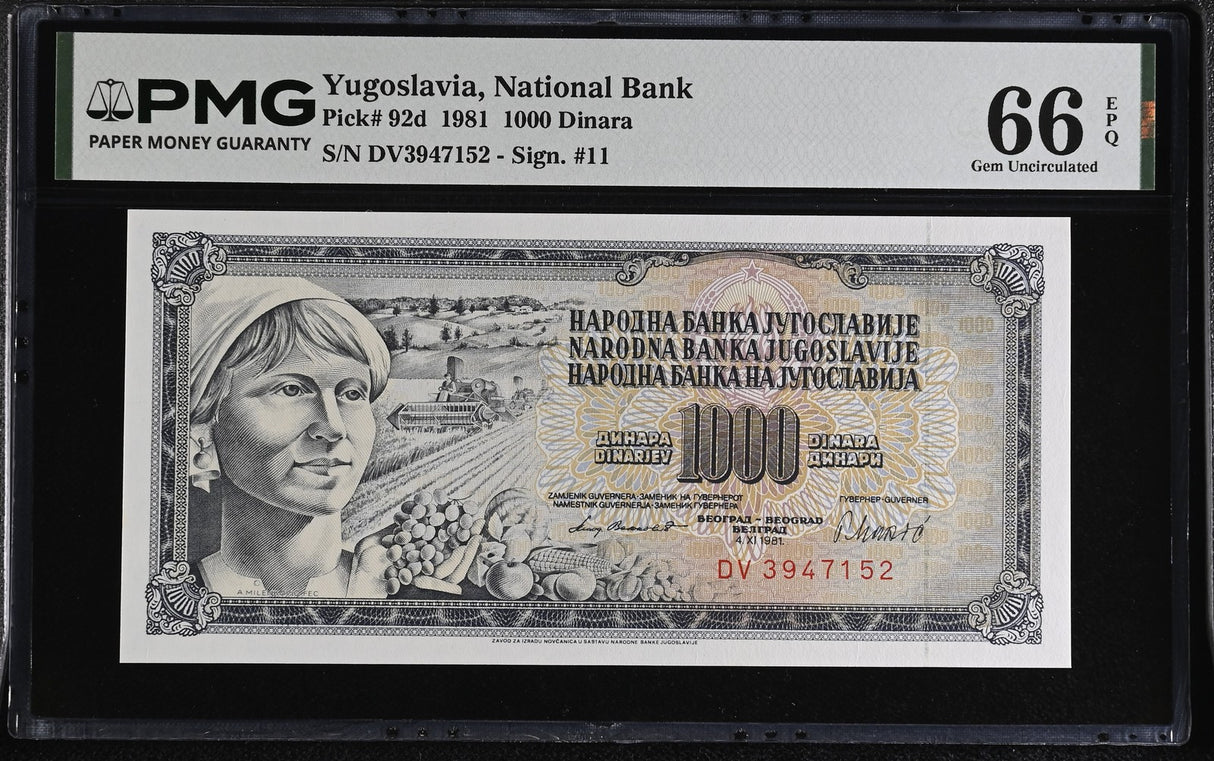Yugoslavia 1000 Dinara 1981 P 92 d Gem UNC PMG 66 EPQ , Graded