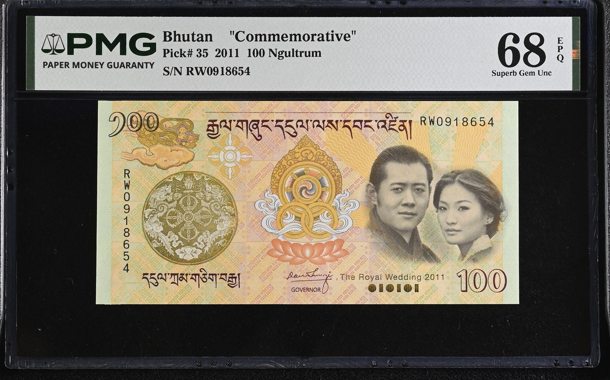 Bhutan 100 Ngultrum 2011 Wedding Commemorative P 35 Superb Gem UNC PMG 68 EPQ